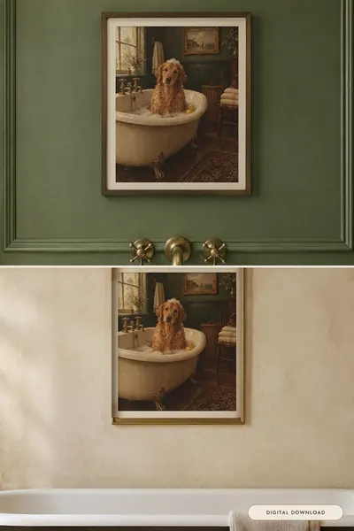 Golden Retriever in the bath, shown in a room